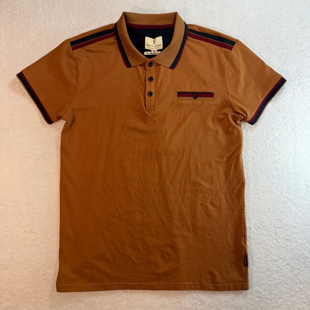 Scott James Mens Short Sleeve Polo Shirt Brown Striped Trim Size M NWT
